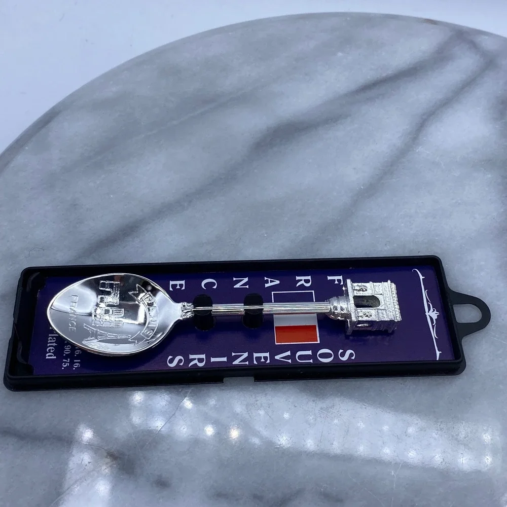 Paris France Souvenir Spoon Silver Plated Arc de Triomphe Eiffel w/Case Travel